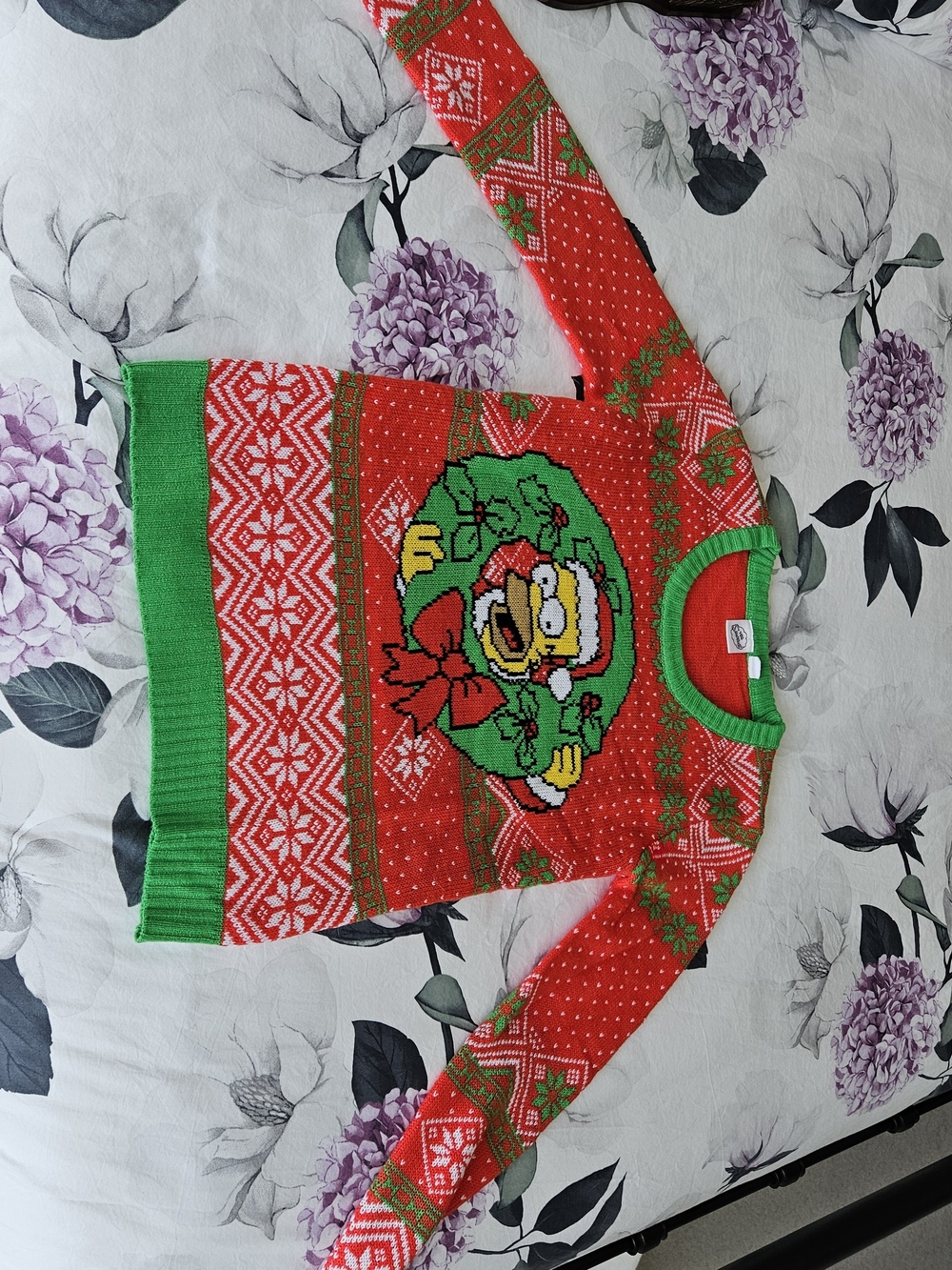 Women's Holiday Red & Green Sweater with Festive Wreath Graphic